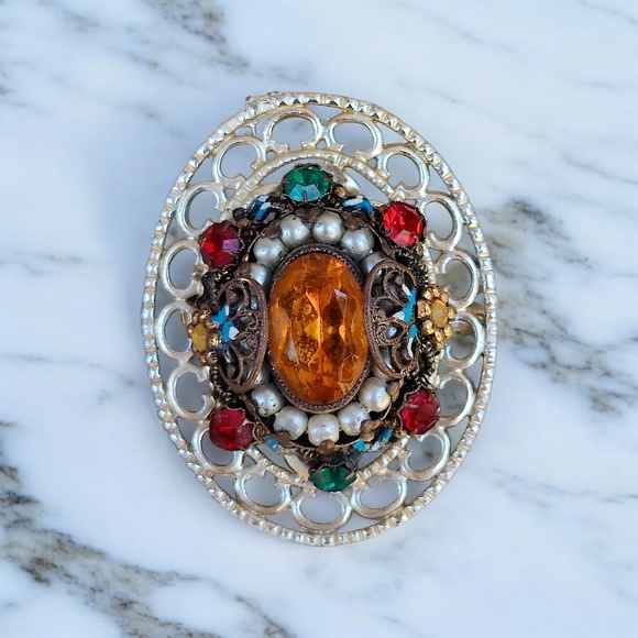 Vintage Jewelry - Vintage Victorian Revival Czech Glass Ornate Brooch